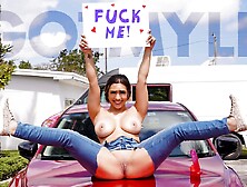 Gorgeous Exhibitionist Lilly Hall Sits On The Hood Of Her Car With A Big Sign That Says - Fuck Me