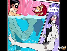Youngster Titans - Robin Mounts Starfire In Swimming Pool While Raven Watch
