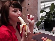 Woman Without Panties Eating Banana,  Strawberry Whip Cream And Masturbate