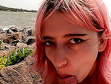 Hot Pink Hair Russian Teen Gets Blowjob At The Beach