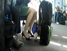 Candid Legs Feet Pantyhose Nylons Open Toed Airport