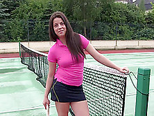 A Busty Girl In A Tight Shirt Waiting For Her Tennis Instructor