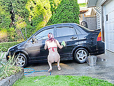 Sexy T4T Trans Woman Washes Her Filthy Car For The Hungering Maw Of Capitalism With A Big Glass Plug