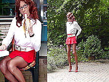 Fuckable Bum In A Red Miniskirt And Nylon Stockings