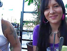 Slutty Girl Ashli Orion Put Vibrator At Her Wet Pussy,  In Sidewalk Cafe
