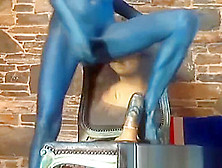 Sexy Girl With Blue Body Paint Rides Dildo