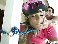 Pigtailed Blonde Cyclist Is Tethered To A Post While She Endures Hardcore Bondage Sex.
