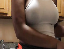 Busty Young Black Girl Is Making Food In Kitchen And Shaking Tit