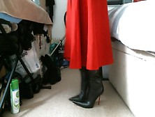 Red Midi Skirt And Pointed Italian Thigh High Boots