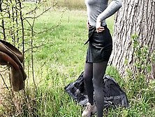 Girl In Sexy Leather Shorts Sucks Outdoors And Swallows Cum