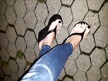 Sexy Shemale Shows Off Her Amazing Feet In Platform Flip Flops On A Night Walk