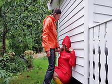 Fucking Ex-Wife And Squirting On Her Boobies In Rainwear And Rubber Boots