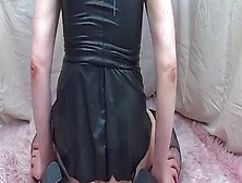 Chastity-Clad Sissy In Black Outfit And Fishnets Rides Xl Dildo With Her Tight Ass