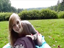 Red Skirted Girl Rides Her Guy To Creampie In Public Park