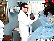 Plump Ebony In White Nurse Outfit And No Panty Teasingly Watching At Long Haired Black Dude In The Hospital Room