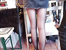 Gal With Glamorous Legs In Ebony Hose & Dr.  Martens.