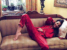 Lusty Brunette In Red Silk Is Teasing In A Hot Way