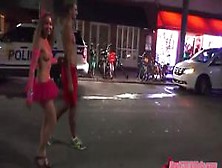 Cheerful Women Flash Beautiful Tits In The Street