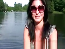 Pretty Chick Goes On Small Boat With Two Dudes In Park