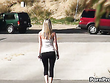Cutie In A White Top And Black Workout Pants Is Recorded While She's On A Public Trail.