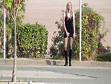 Crossdresser Sissy Goes Outside In Minidress And Boots