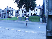 Crossdressed In Maid Uniform On A Street With Passing Cars