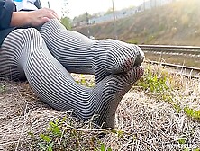 Goddess In Grey Opaque Pantyhose Foot Tease On The Walks