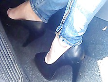 Watch This Gal With Black Heels And Jeans As She Plays With The Pedals