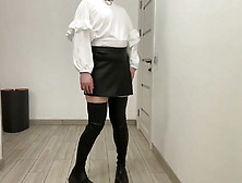Sissy Bdsm In Leather Shorts Skirt And White Office Blouse