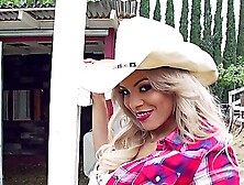 Sensual Blonde Beauty Loves Fucking In The Hay And Taking Sperm On Those Huge Cans