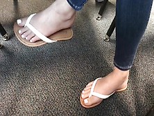Amateur Beauty Wearing White Flip Flops On Her Amazing Feet In Public