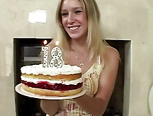 Flaming Hot Blonde Girl With A Birthday Present Gives Her Man A Great Blowjob