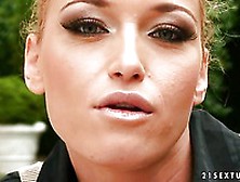 Pretty Faced Adult Film Actress Kathia Nobili With Sexy Make-Up Gives An Interview Outdoors