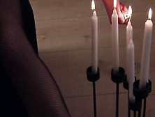 Dark Hair Bae Into Ebony Tights Fucks Her Twat With A Candle