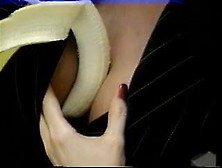 Hot Brunette Entices Guy With Banana Then Sucks His Cock
