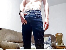 A Young Guy In Jeans Jerks Off His Big 20-Centimeter Cock