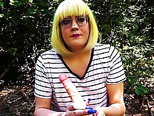 Blonde Trans Girl Deepthroats Dildo Outside