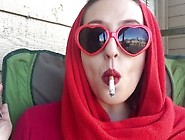 Retro Goddess D Smoking Outside In Red Heart Sunglasses And Red Scarf Sfw