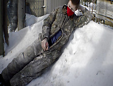 Straight Redneck Republican Jacking Off In The Snow Wearing Camouflage During The Middle Of Winter.  He Jacks Off On The Farm Aft