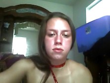 Brunette Girl Chokes Herself,  While She Masturbates Her Shaved Pussy With A Vibrator On Her Bed.
