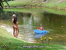 Playful Sexy People Are Enjoying In The Nature Completely Naked Surrounded By Ducks