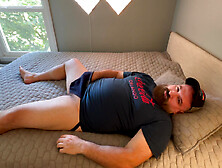 Hot Muscle Bear Works His Hard Cock And Cums On His Bed Sheets