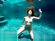Brunette Beauty Topless Strip Underwater