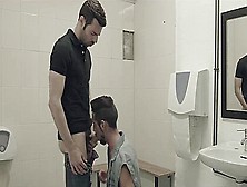 Public Bathroom Blowjob With Two Big-Dicked Dudes