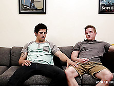 Curly Haired Stud Plays With His Cute Friend On A Gray Couch