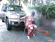 Girl's Tits Are Tied,  And She Is Tossed On The Hood Of A Car While Her Pussy Is Toyed With.