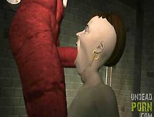 Un Demonio Rojo Mete Su Polla En La Boca De Una Chica En Una Escena 3D