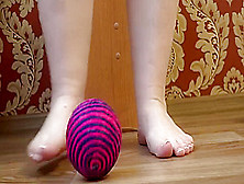 Beautiful Plump Legs Play With A Ball.  A Nice Pedicure,  Thin Nylon And High