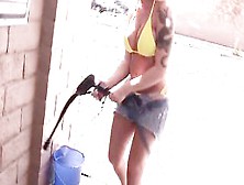 Blonde Cougar With Pretty Gigantic Melons Make A Beauty Carwash