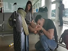 Crazy Boyfriend Worships His Girlfriend's Delicious Feet At The Airport